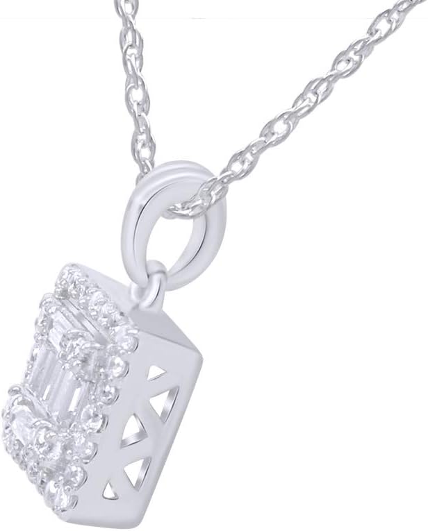 SAVEARTH DIAMONDS 1/5 CT.t.w Baguette And Round Cut Lab Grown Diamond Square Frame Cluster Pendant Necklace In 14k Gold Along With 18" Chain, VS-SI Clarity, 0.20 Cttw