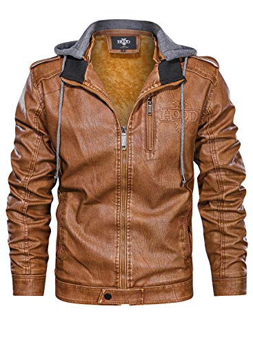 Hood Crew Men’s Brown Stand Collar Warm Pu Faux Leather Zip-Up Motorcycle Jacket With A Removable Hood #TOP2