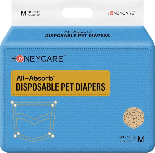 Image of Honeycare Female Dog Diapers,Disposable Diapers for Female Dog with Stretchy Waist,Dog Pull-Ups for Easy wear,Dogs in Heat Period Super Absorbent Leak-Proof Doggie Diapers, Medium,30 Count (Pack of 6)