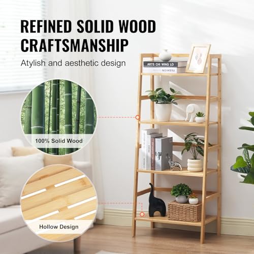 VEVOR 4-Tier Bamboo Ladder Shelf, Trapezoid Open Bookcase, Display Storage Rack Organizer, Freestanding Flower Plant Stand, Ladder Bookshelf Ideal for Bathroom, Bedroom, Office, Study, Natural by VEVOR - Image 4