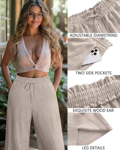 Neer Plus Size Women's Linen Capri Baggy Wide Leg Pant Casual High Waisted Drawstring Lounge Trouser with Pockets4