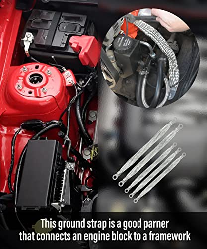 ESEWALAS 5PCS Universal Automotive Ground Strap,Professional Vehicle Grounding Cable Straps,Braided Tinned Copper Engine Ground Wire with Rings Terminal,Flat Braided Copper Grounding Strap