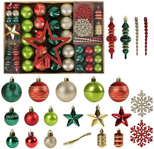 Christmas Tree Ornaments 78 Pack Christmas Tree Decorations Red and Green Gold Christmas Ball Shatterproof Hanging Tree Ornament Set Assorted Set with Hooks