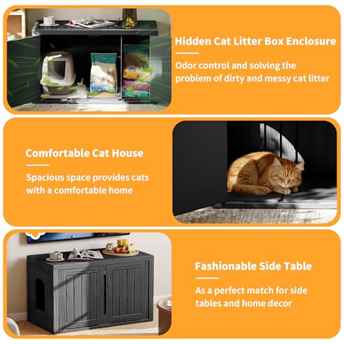 Image of Cat Litter Box Enclosure,Multi-Functional Hidden Litter Box Furniture Cabinet with Adjustable Partition & Side End Table, Indoor Outdoor Cat House with Double Doors,Easy to Clean & Assemble, Black