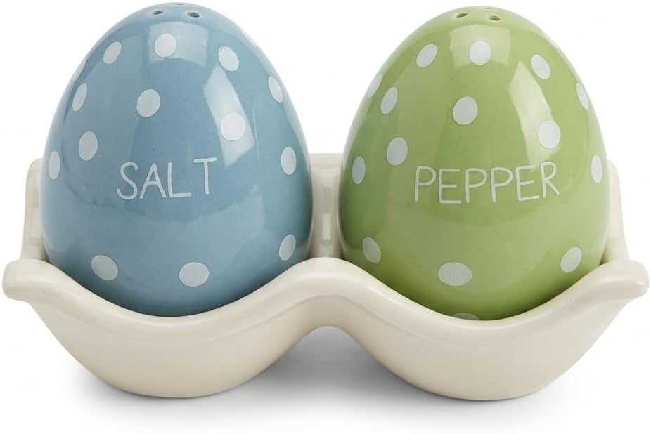 The Bridge Collection Polka Dotted Easter Egg Salt and Pepper Shaker Set | Hand-Painted 3 Piece Set of S&P with Tray for Spring Unique & Fun Kitchen & Dining Table Decor
