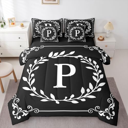 Initial Letter P Queen Comforter Set With Sheets Black White