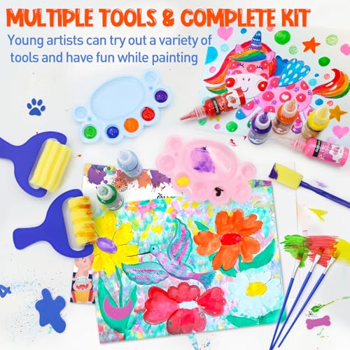 45PCS Kids Washable Finger Paint Kit,12 Colors Non Toxic Finger Paints,Art Painting Supplies for Toddlers - Paper,Brushes,Sponges,Children Drawing Gifts for Kids Boys Girls - Thumbnail 7
