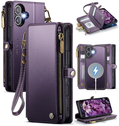 Defencase for iPhone 16 Magnetic Wallet Case Compatible with Magsafe with RFID Blocking Zipper Pocket & Card Holder for Women Men PU Leather Strap Detachable Case for iPhone 16 (6.1 inch), Purple by Defencase - Used condition - US$14.90