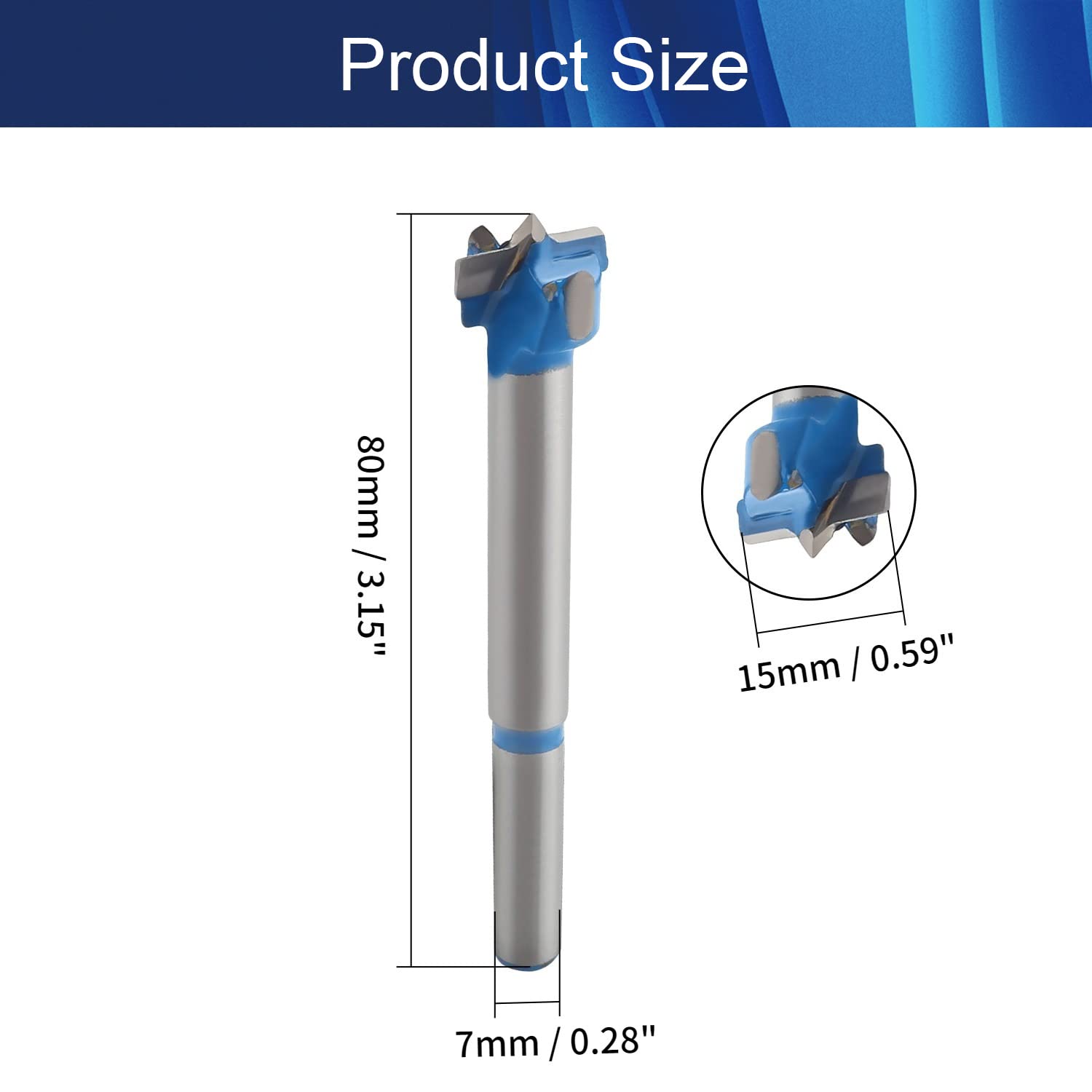 Wenheww 1Pc Forstner Drill Bits, 15mm/0.59" Cemented Carbide Wood Cutter Tool, Woodworking Hole Saw Drilling Tool, 80mm Length 7mm Round Handle Dia Cutter for Wood Plastic Plywood, Blue