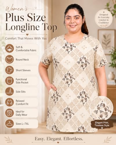 Image of RYSH Women's All-Over Printed Cotton Plus Size Longline T-Shirt with Pockets