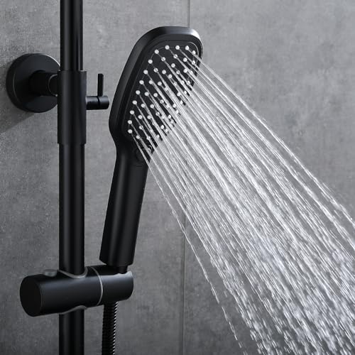 RBROHANT Matte Black Exposed Shower System with Brass Thermostatic Shower Valve, Exposed Shower Faucet Set with Height Adjustable 10 Inch Shower Head and Dual Function Handheld, Wall Mounted, RB0839
