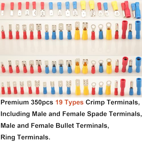 Image of Feggizuli 350pcs 19 Types Crimp Connectors, 2.8mm, 4.8mm, 6.3mm Male and Female Spade Terminals, Copper, Red, Blue, Yellow