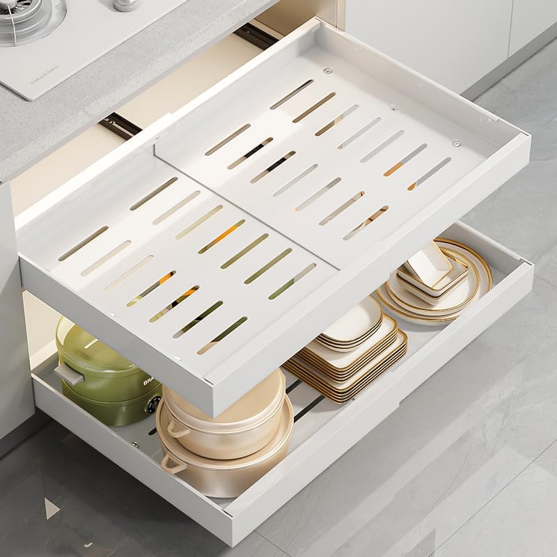 Pull Out Cabinet Organizer - 12.6'' to 20.5'' Expandable Heavy Duty Slide Out Drawers No Punch for Kitchen Base Cabinet Organization, Pantry, Bathroom (White)