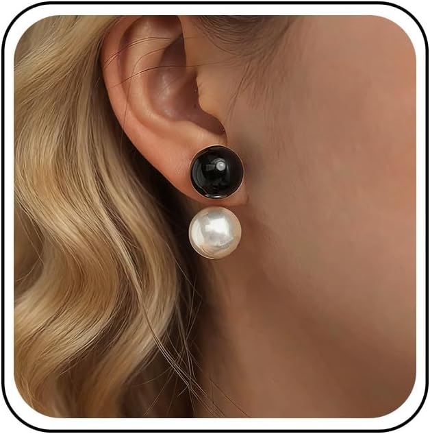 Bohemian Pearl Bead Dangle Earrings Round White Pearl Stud Earring Black Enamel Beaded Jacket Earring Minimalist Black Bead Stud Earrings Jewelry for Women