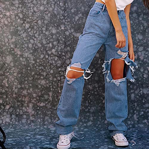 Hulzogul Jeans feminino rasgado Boyfriends Y2K, jeans moderno rasgado de cintura alta, calça reta mo