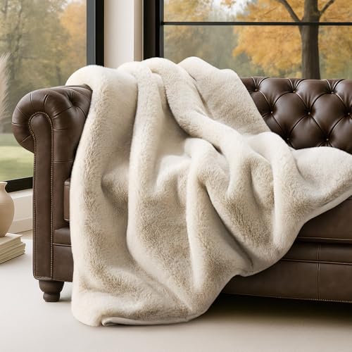 EVERGRACEHOME Luxury Soft Faux Chinchilla Fur Throw Blanket for Couch, Warm Thick Heavy Winter Throw Blanket 1220GSM for Bed, Fluffy Cozy Mink Blanket with Reversible Velvet, Birch Mink, 50'x60'