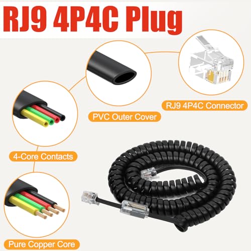 Image of Uvital 1 Pack Telephone Handset Cords with Detanglers, RJ9 4P4C, Black | Landline Phone Cord Cable 10Ft Uncoiled(1.2Ft Coiled) , 360 Rotating Anti-Tangle Swivel Telephone Cords Untangler, Office