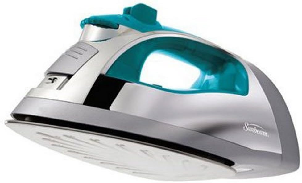 Sunbeam Steam Master 1400 Watt Large-size Anti-Drip Non-Stick Stainless Steel Soleplate Iron with Variable Steam control and 8' Retractable Cord, Chrome/Teal, GCSBSP-201-000
