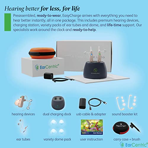 Silver-EarCentric-EasyCharge-Rechargeable-Hearing-Aids-Pair-for-Seniors-Behind-The-Ear-BTE-Ear-Aid-PSAP-digital-Personal-sound-amplification-products-devices-with-Noise-Cancellation