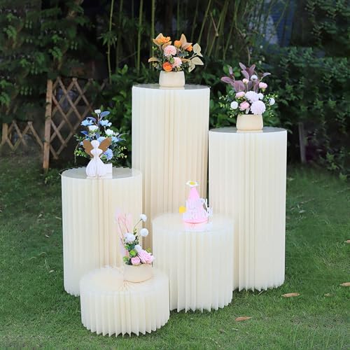 5 Unidades de Soporte cilíndrico Redondo de cartón,Soporte Plegable para Flores,30cm Columna Decorativa Blanca con Tapa de Plástico,Jarrones de cartón para centros de Mesa de Boda,mesas de Postre