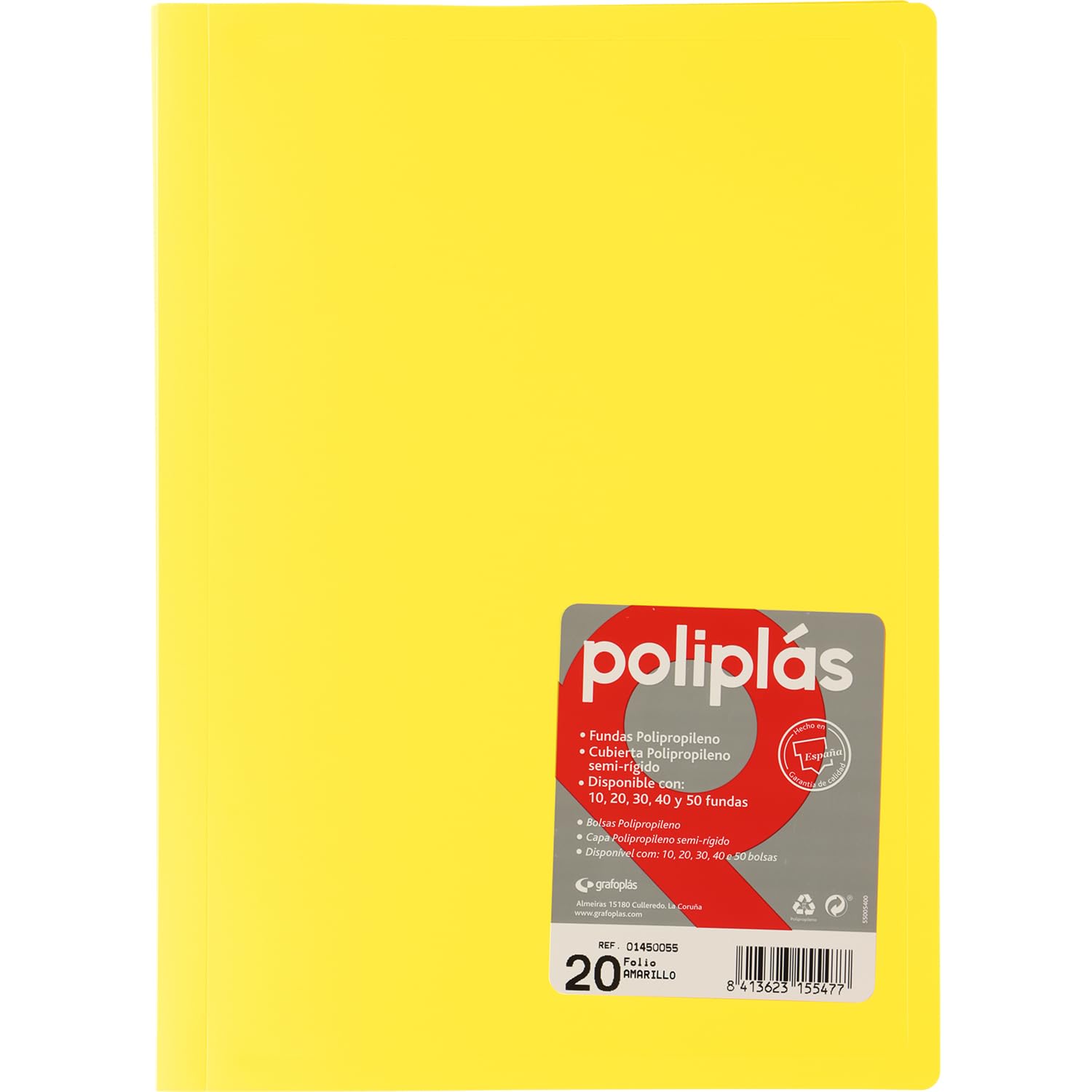 Grafoplas - Classeur à pochettes transparentes, format folio, jaune, 20 doublures en polypropylène, série polyplas opaque, fabri
