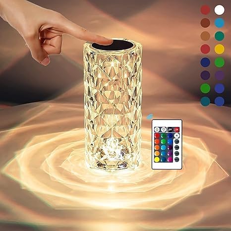 Image of 3 Colors Crystal Lamps Romantic Rose Crystal Diamond Table Lamps Touch Color Changing Light, Acrylic Rechargeable Modern Style Crystal Bedside Lamp with USB Port (Crystal Diamond Table Lamp)
