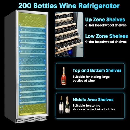 Image of 200 Bottle Wine Fridge Dual Zone, Wine Refrigerator 24 Inch Freestanding /Built-in, Large Wine Cooler Refrigerator with Advanced Temperature Control & Compressor Cooling, Quiet Operation - Silver