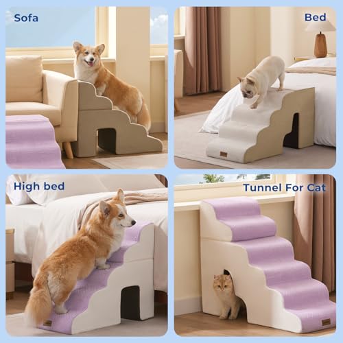 Image of ZOMISIA Dog Steps for High Beds - 5 Step 24 inch H Pet Stairs with Tunnel 2 in 1 with Zippers Suitable for Small Dogs and Cats, Indoor Cat Ladders with Non-Slip Bottom, Beige