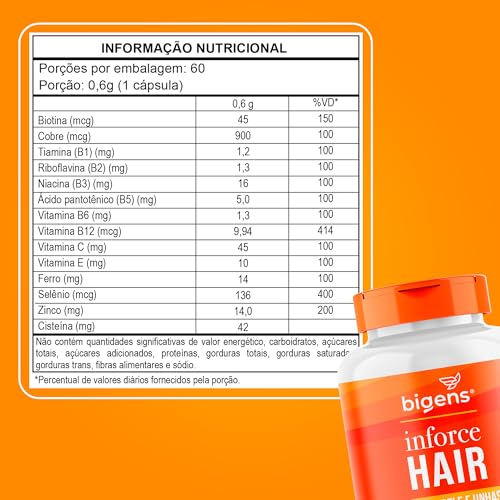 Inforce Hair, multivitaminico para cabelo, pele e unhas, Biotina, Ácido pantotênico, Cisteína, Tiami