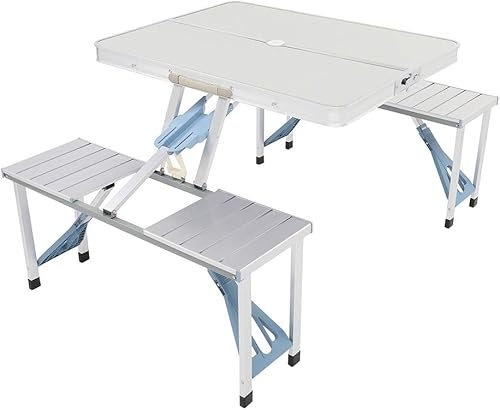 DVIEN Juego de mesa de picnic plegable portátil con cuatro sillas y agujero para paraguas, 4 asientos de aluminio plegable mesa de picnic de viaje