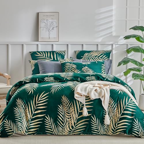 Image of Lekesky King Duvet Cover Set, Green and Gold Tropical Palm Leaf Pattern Comforter Cover King Size, 3 Pieces Soft Microfiber Bedding Sets with Zipper & 2 Pillowcases, Comforter Not Included