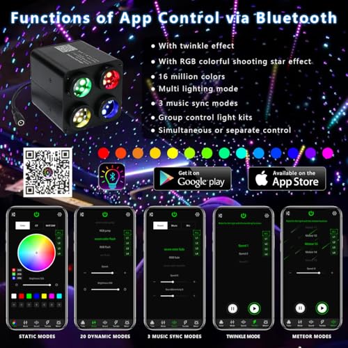 Image of AKEPO 36W 4 Color Twinkle Starlights Headliner Fiber Optic Lights Kit | 2640pcs*13.1ft*0.03in Strands, Colorful Shooting Star 4-heads Music Sync Remote /APP Control Star Light Kit for Car /Home