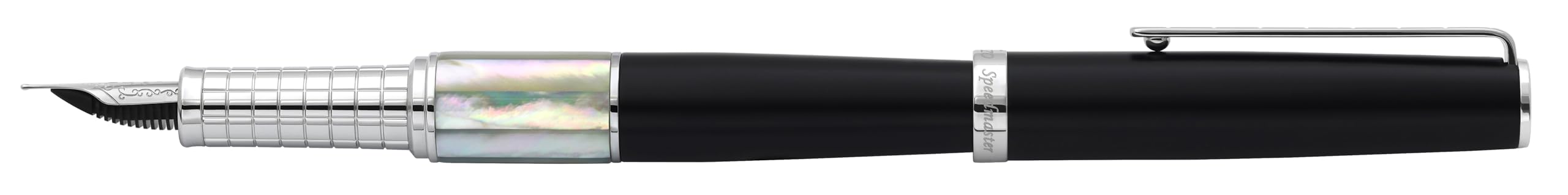 Xezo Speed Master Stylo plume, plume moyenne. Noir mat avec nacre blanche. Plaqué chrome. Corps en laiton léger. Chaque pièce unique