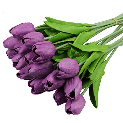 Vlovelife 20 cabeças de flores artificiais com toque real tulipas em buquês de casamento roxo flores