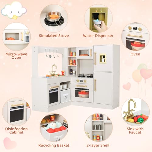 Arlopu Corner Wooden Play Kitchen with Lights & Sounds, Ultimate Pretend Cooking Toy Playset w/Utensils, Oven, Microwave, Stove, Water Dispenser (Beige)