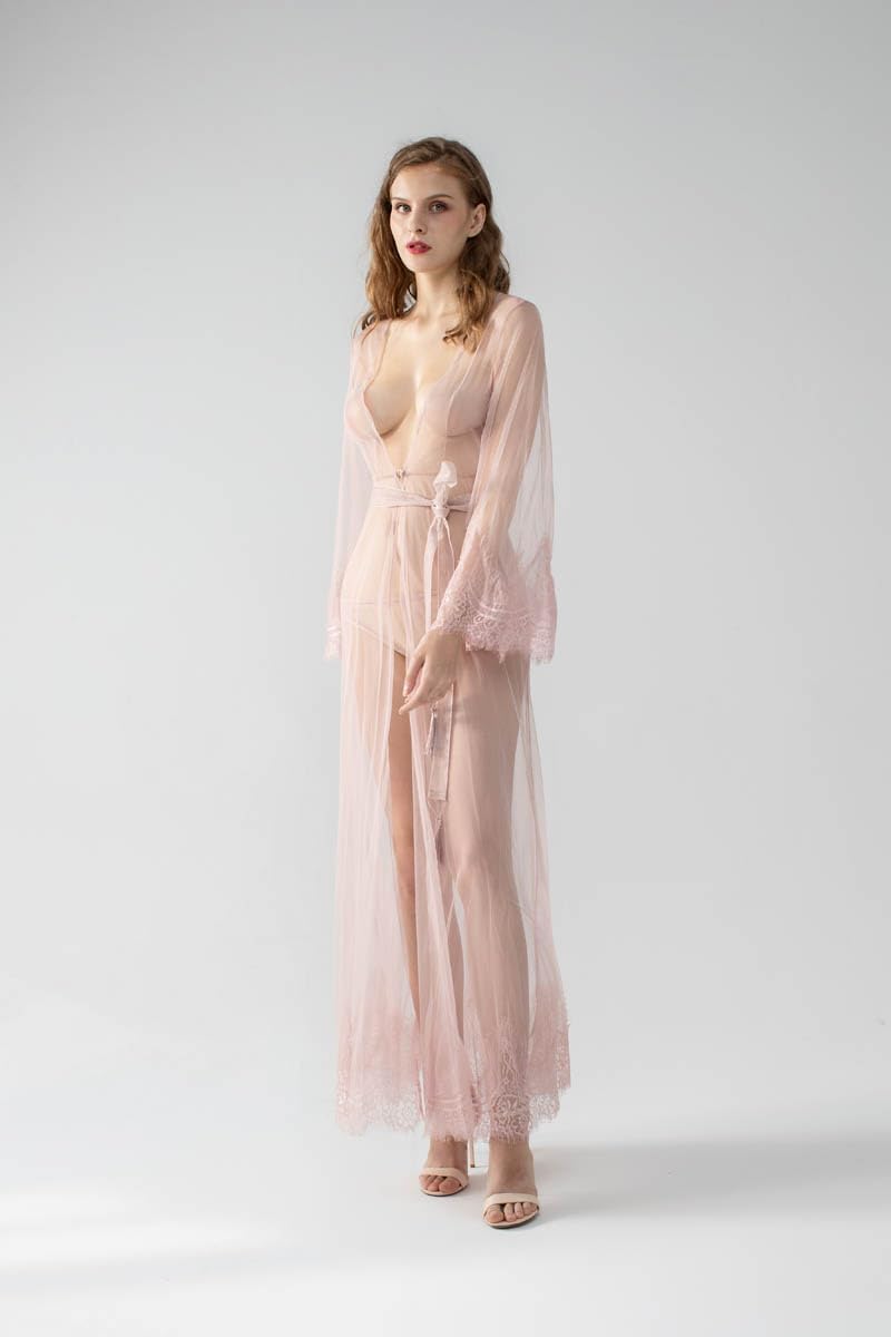 Lingerie for Women See Through Long Lace Kimono Robe Mesh Chemise with Sleeves Swimsuit Cover Up - Image 4