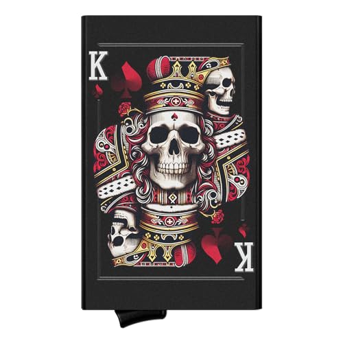 MOSIYEEF Metal Pop Up Stealth Wallet for Men - Engraved Skull King Pattern - Slim Card Holder with Elastic Pocket for Airtag Cash Coins & Credit Cards - RFID Minimalist Cool Wallets for Men Gifts