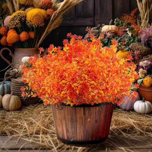 Satefello Artificial Fall Flowers for Outdoors, 10 Bundles Faux Flower UV Resistant Fall Fake Mums Plants for Outside Halloween Christmas Porch Decoration Fall Decor(Orange(Eucalyptus)) - image 7