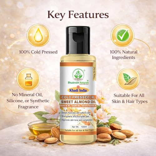 Image of Khadi Sweet Almond Oil for Hair & Skin Care | 100% Pure Natural Almond Oil for Hair Growth, Body Massage & Skin Moisturizing - 100ML