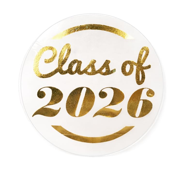 50 Pack Class of 2026 Stickers – 38mm Round Clear Labels with Gold Print – Transparent School Leavers Graduation Seals