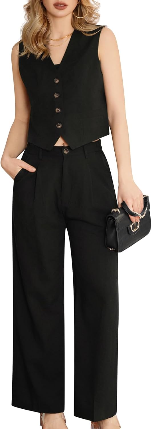 Women's 2 Piece Suiting Set Sleeveless Vest and Wide Leg Pants Suit Casual Business Office Outfit Black
