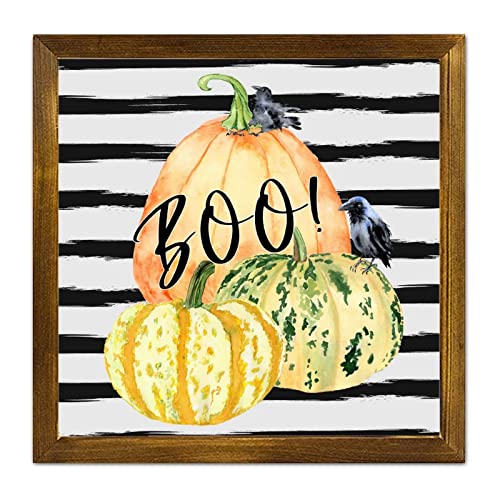 Panneau en bois encadré « Halloween Pumpkin Boo » : décoration murale vintage en bois de salon