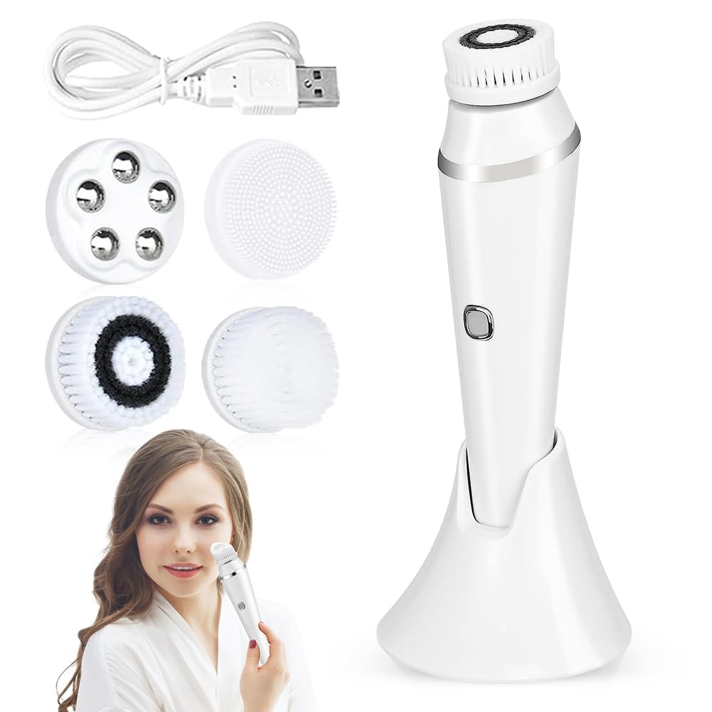 Aoreun Gesichtsreinigungsbürste, Elektrische Gesichtsreinigungsbürste mit 3 Geschwindigkeitsstufen, 4 in 1 Wasserdichte Gesichtsbürste,Spin Face Brush für Tiefenreinigung, Peeling und Gesichtsmassage