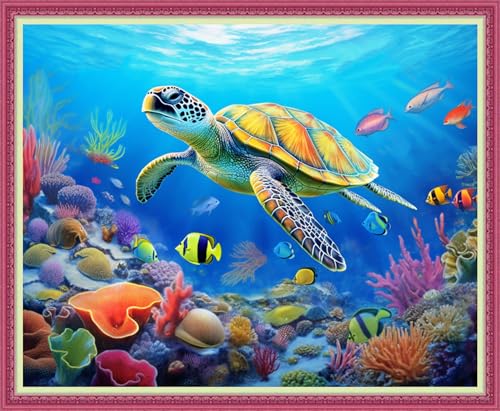 Image of Disnesart Cross Stitch Stamped Full Embroidery Kits DIY 11CT Cotton Thread Printed DIY Needlepoint Kits Craft Needlework Set Cross-Stitch Stamped Sets-Turtle Underwater World 16x20 inch