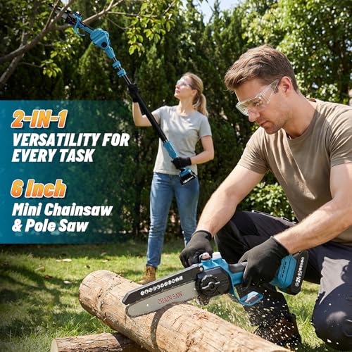 Image of Takuoo 2-in-1 Electric Pole Saw, 6 Inch Mini Chainsaw Cordless with Extension Pole, 2x2.0Ah 21V Battery Powered, 15FT Max Reach, Brushless Chain Saw for Tree Trimming, Tool-Free Tension & Auto-Oiler