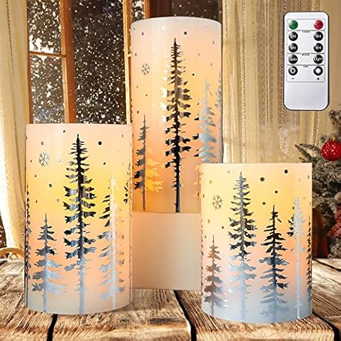 Impress Life Holiday Theme LED Candles with Remote, Set of 3, Christmas Tree Decal Flameless Candles, Battery Powered Real Wax Candles for New Year Birthday Party Cover