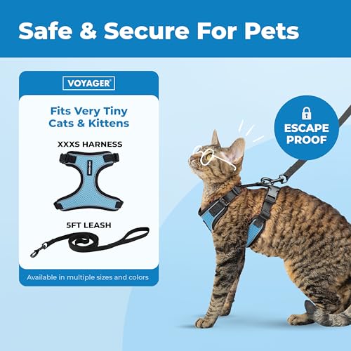Image of Voyager Escape-Proof Step-in Lock Cat Harness & 5ft Neoprene-Handle Leash Set All-Weather Mesh with Reflective Stitching for Small to Large Cats by Best Pet Supplies, Black Trim-Baby Blue (327), XXXS