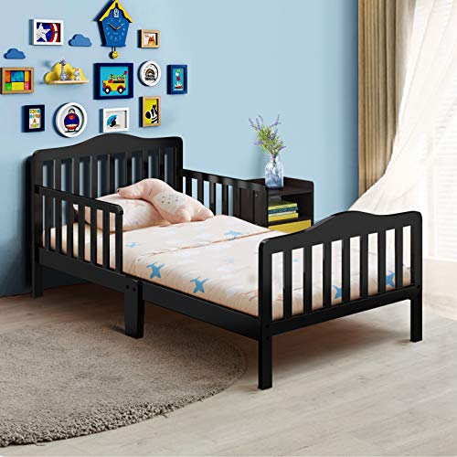 Costzon Toddler Bed, Classic Wood Kids Bed Frame W/Double Safety Guardrail, Low To Floor Design, Wooden Slat Support, Fits Full Size Crib Mattress, Bedroom Furniture For Boys & Girls (Black) #TOP14
