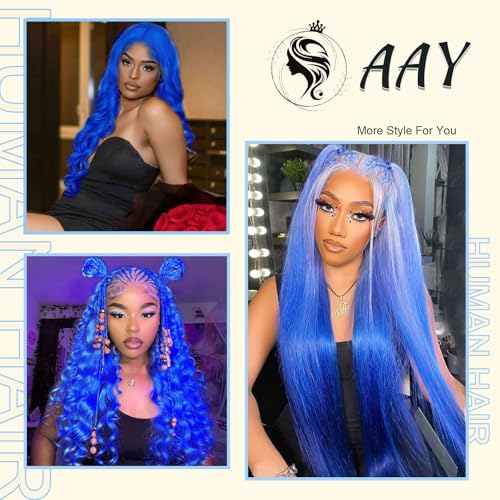 AAY 30 Inch Blue Wig Human Hair 200 Density Body Wave 13x4 HD Lace Front Wigs Human Hair Pre Plucked with Baby Hair Blue Human Lace Front Wigs Color Glueless Frontal Wig for Women