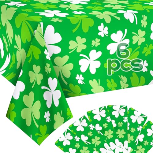 CAMIRUS 6Pcs St Patricks Day Shamrocks Tablecloth Disposable Happy St Patricks Day Tablecovers Rectangle Waterproof Plastic Table Cover for Saint Patrick Day Party Supplies Picnic 54 x 108in